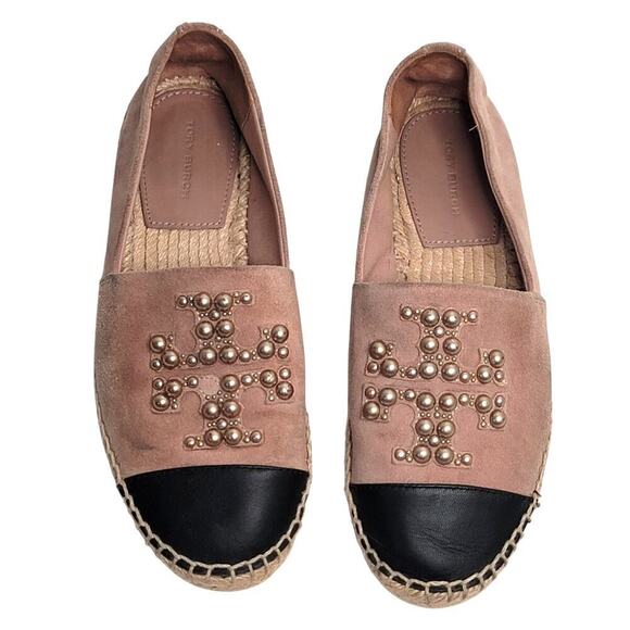 TORY BURCH Pearl Logo Flat Espadrille Suede-MEADOWSWEET size 6.5M - Picture 4 of 8